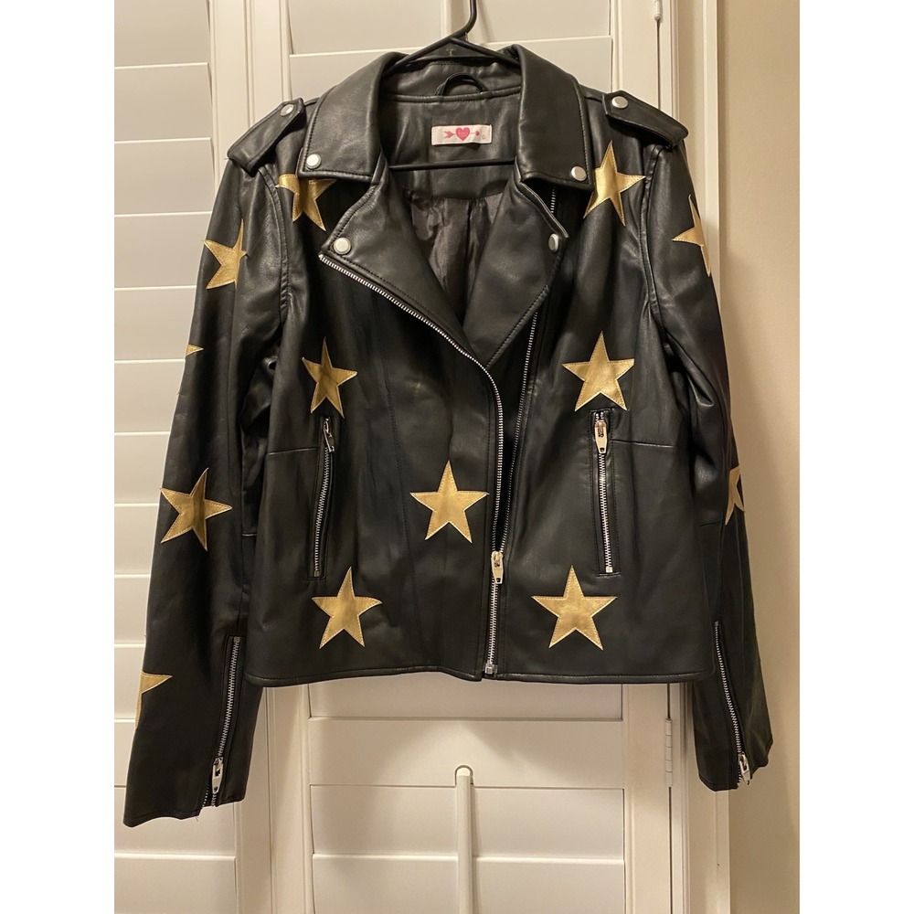 Joplin Leather Star Jacket Biker Black/Gold Large Relax Fit‎